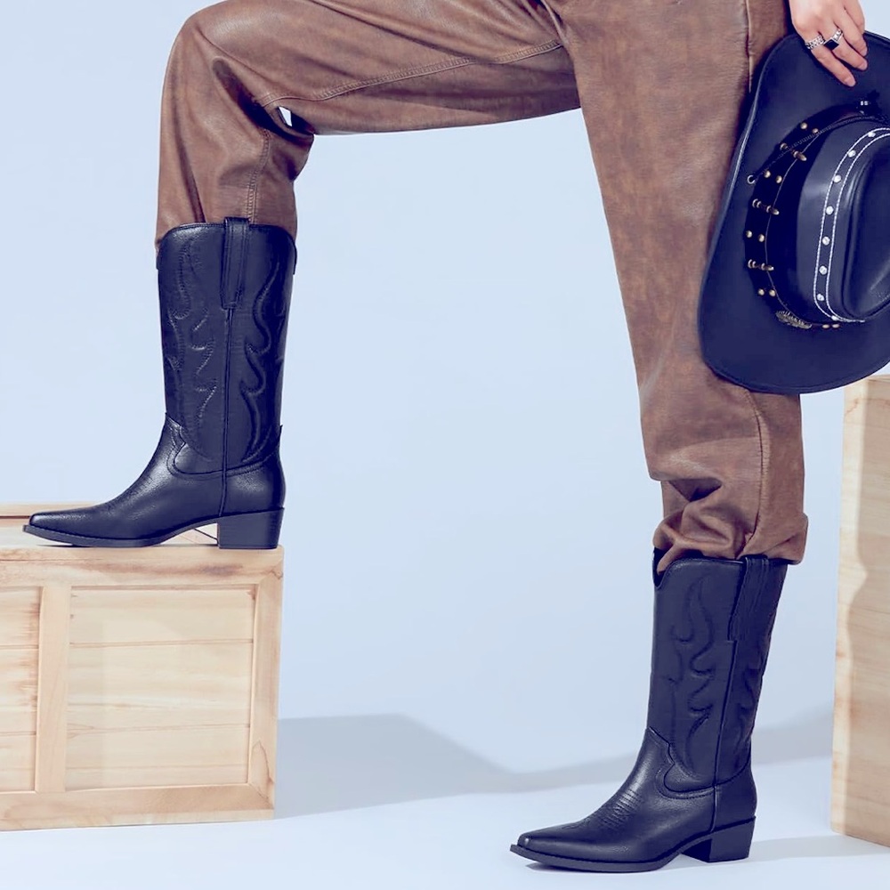 🌸 Arromic Black Wide Calf Cowboy Boots Women Western 🌸
